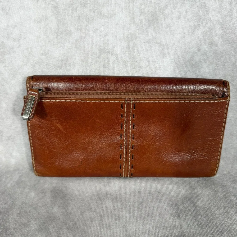 Vtg 90s Y2K Fossil Brown Leather Trifold Wallet Checkbook Holder Contrast Stitch